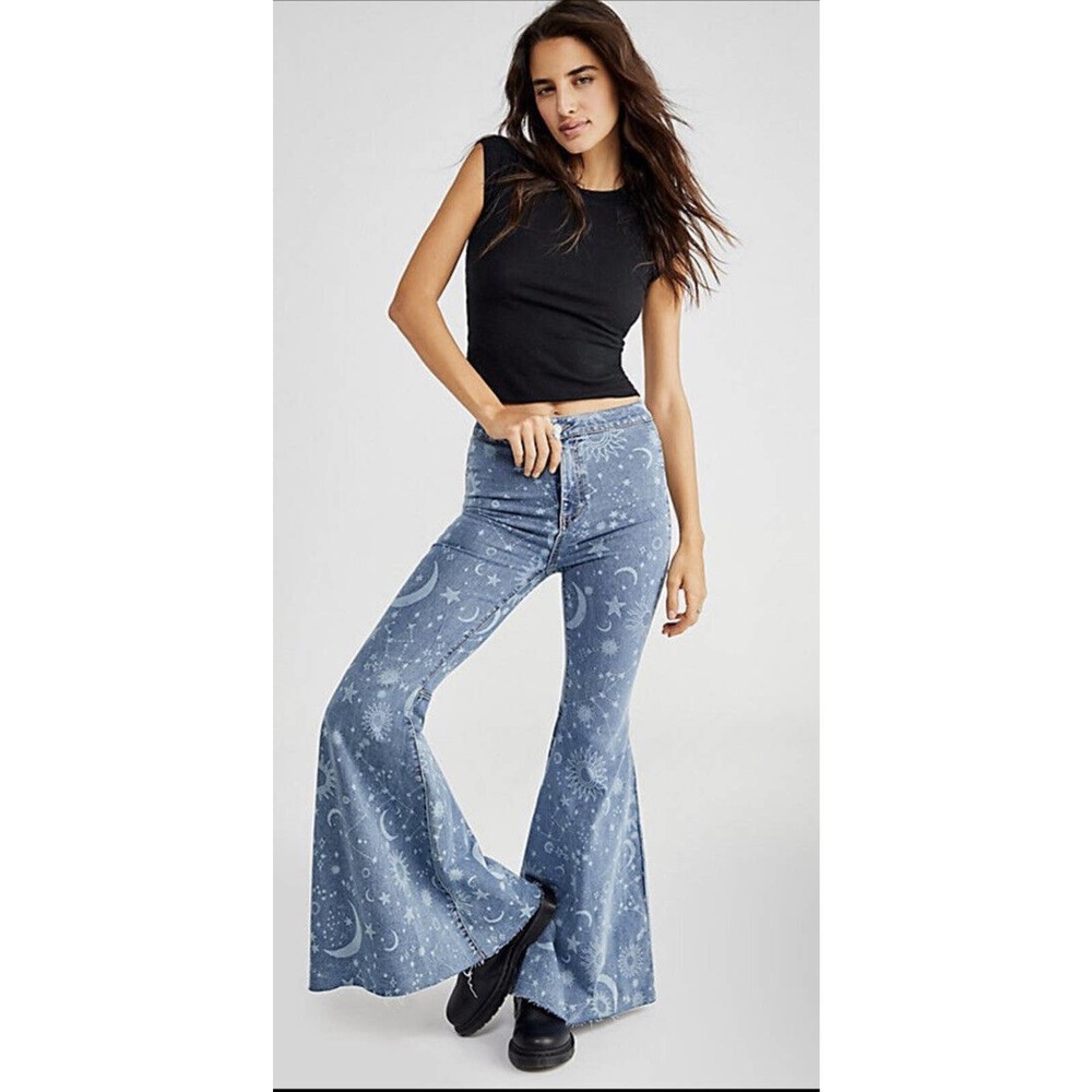 Free People Just Float On Printed Flare High Rise Jeans - Picture 1 of 9